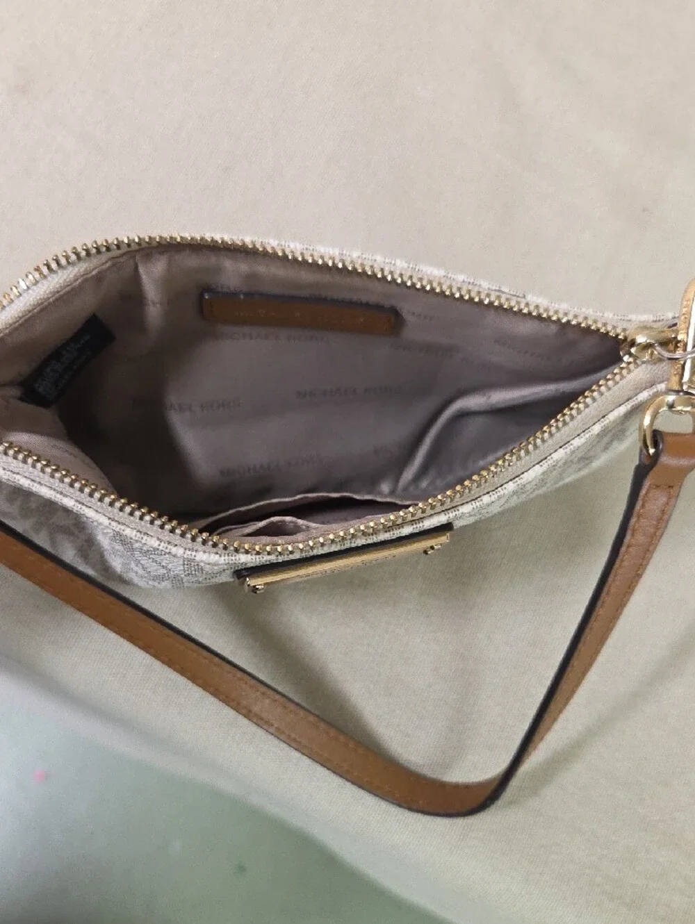 Michael Kors Beige/White Logo Wristlet Clutch